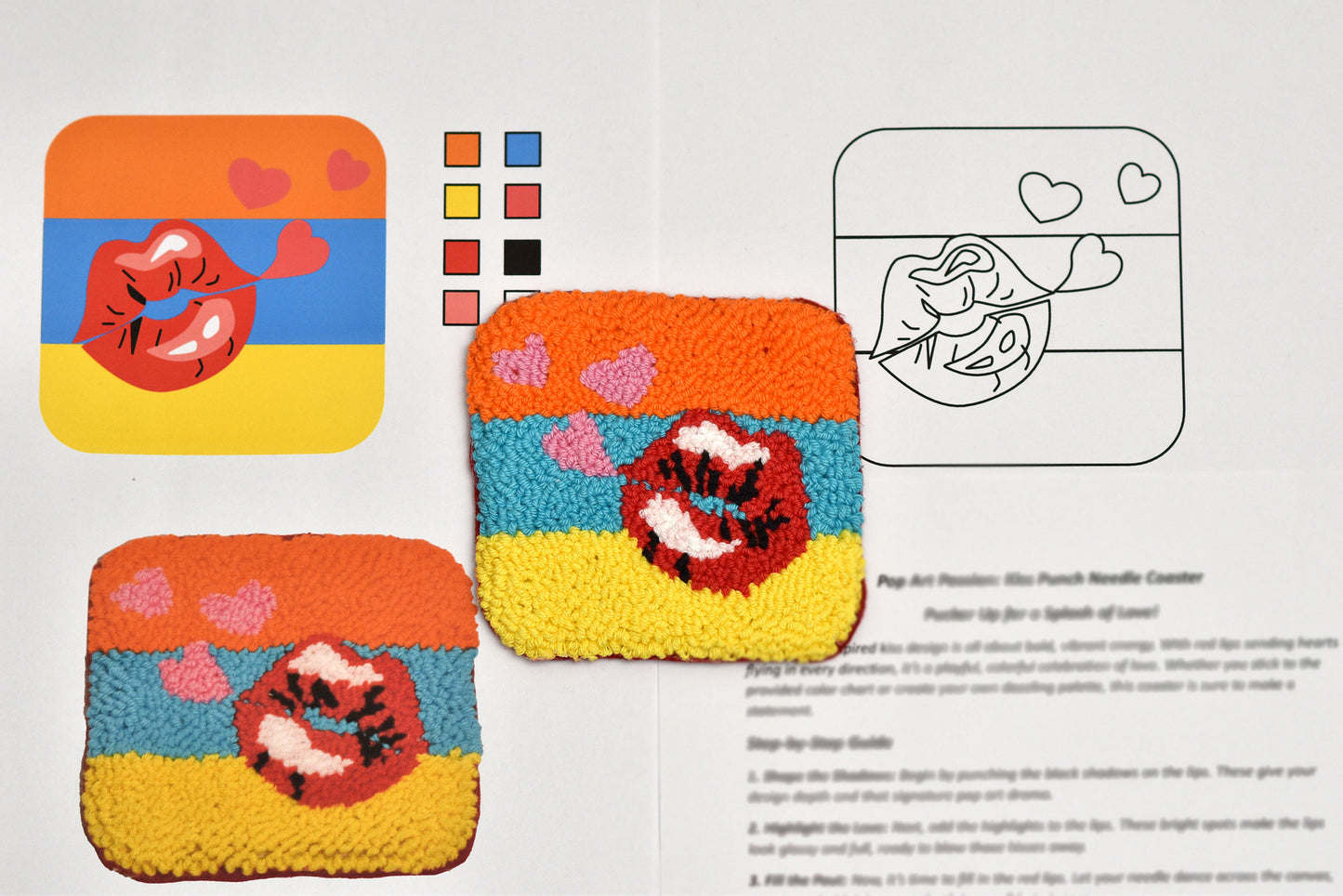 Colorful coasters with a design of a retro kiss and hearts, accompanied by color swatches and instructions.