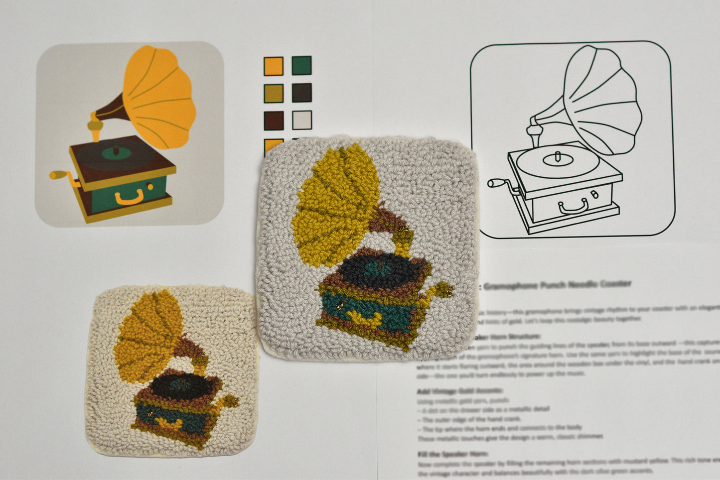 Embroidered gramophone designed coaster with color swatches and illustrations on a white background