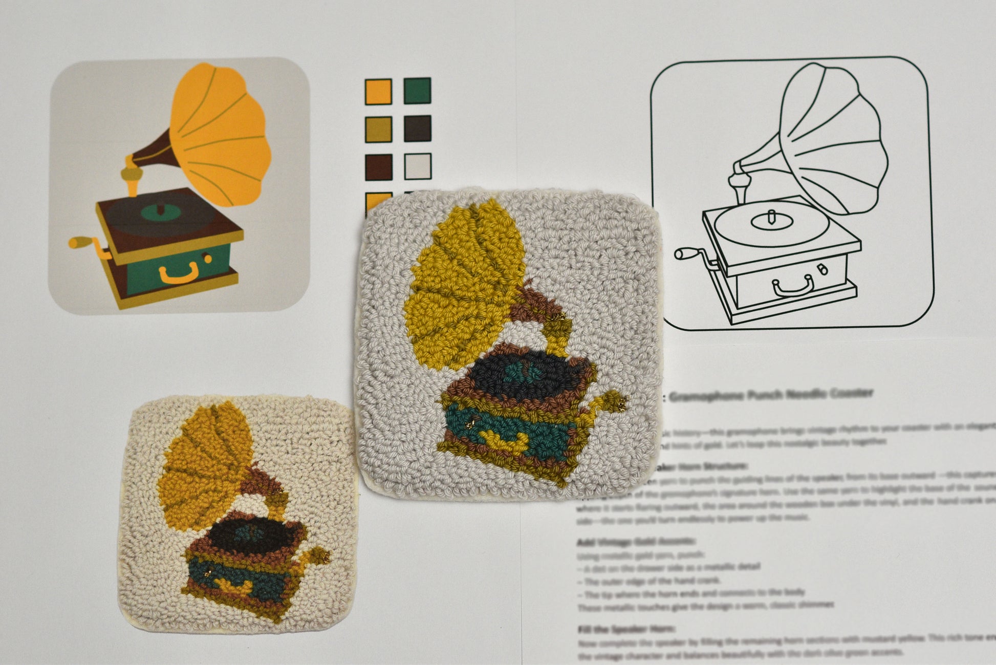 Embroidered gramophone designed coaster with color swatches and illustrations on a white background