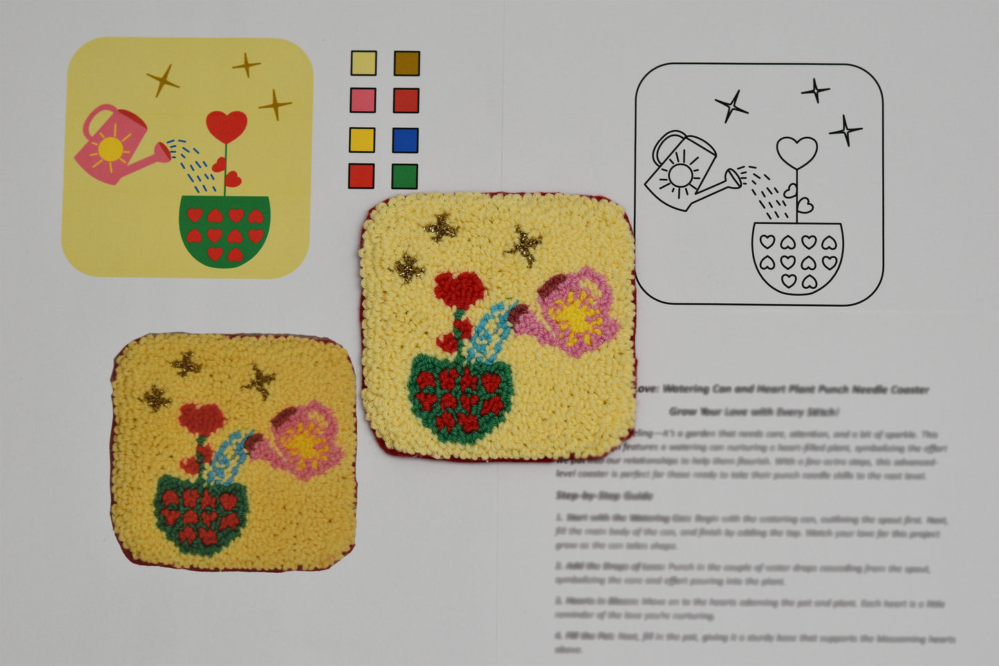 Two embroidered squares with floral designs and a color swatch on a white background.