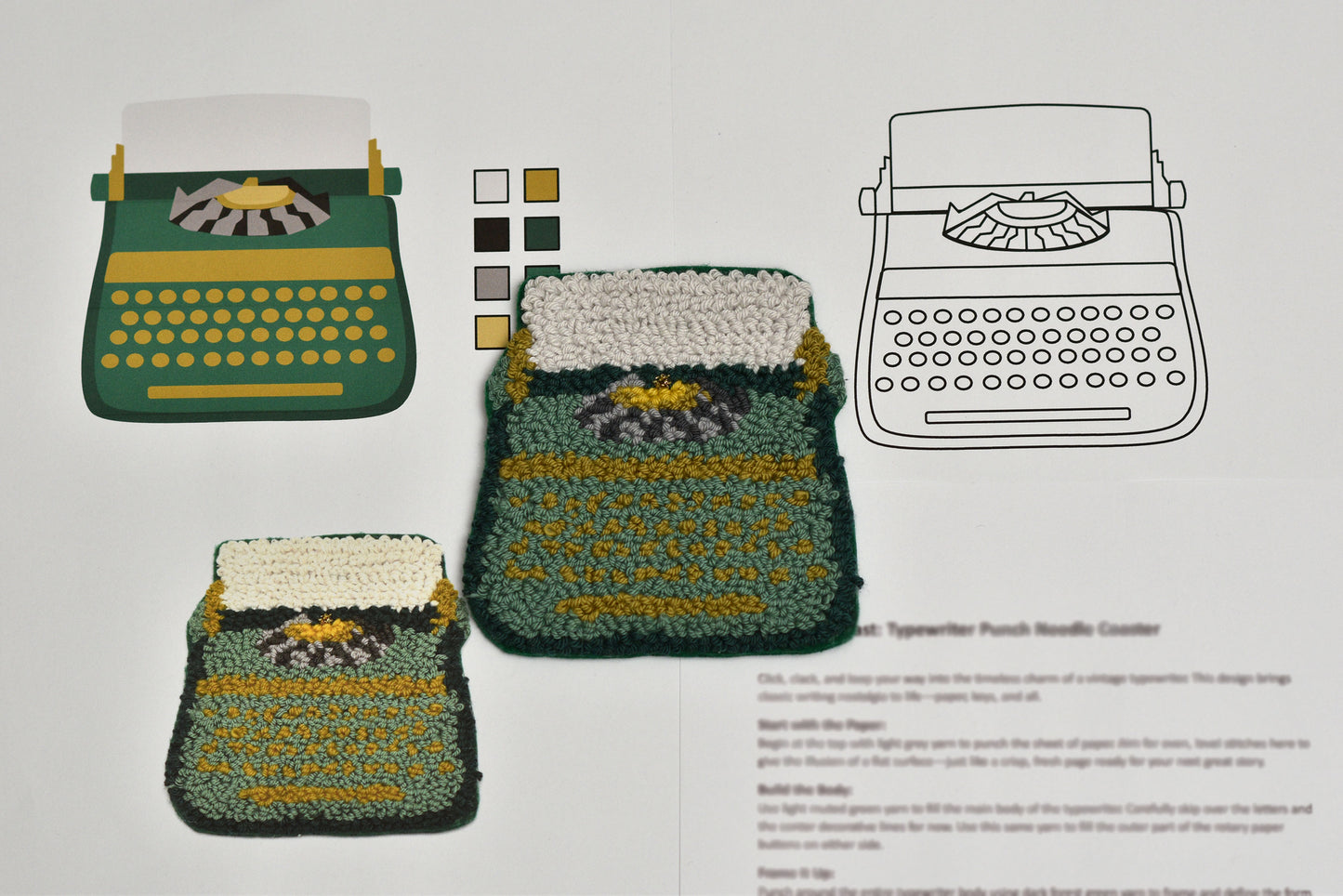 Embroidered typewriter coaster patterns on a white background with a line drawing of a typewriter.