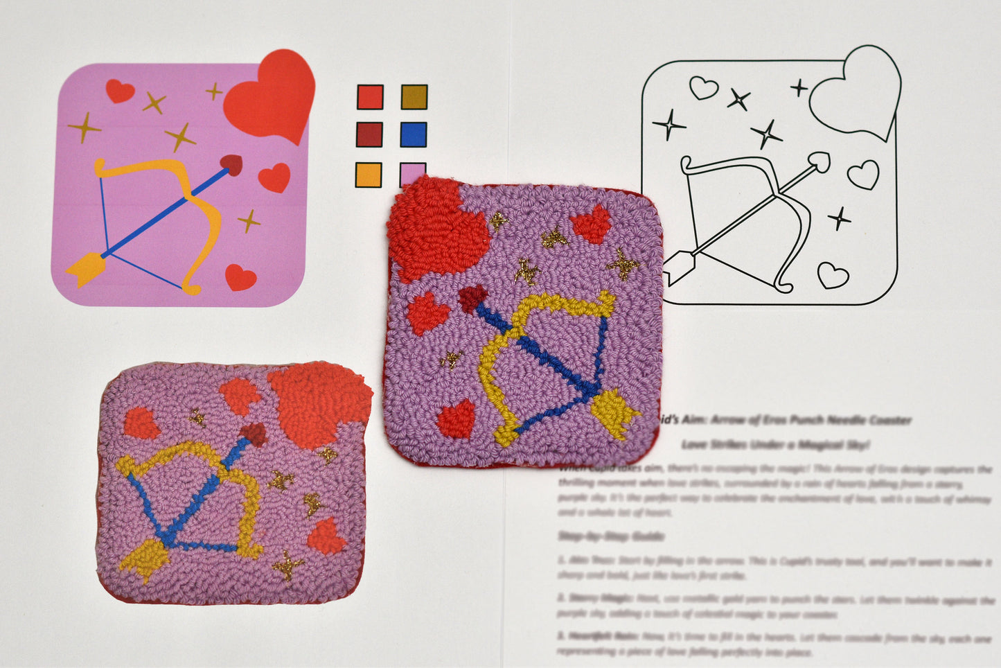 Two embroidered coasters with cupids bow design, colour swatches, and pattern diagram on a white background.