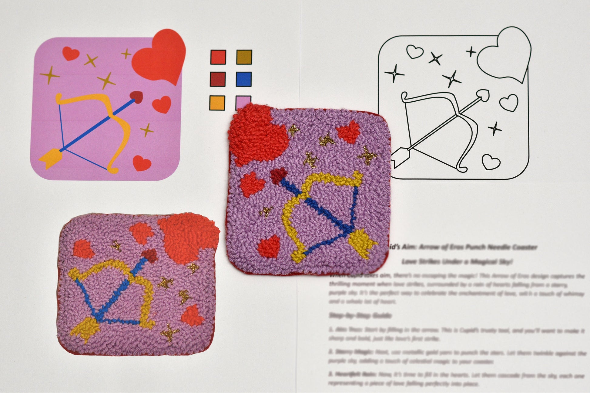 Two embroidered coasters with cupids bow design, colour swatches, and pattern diagram on a white background.