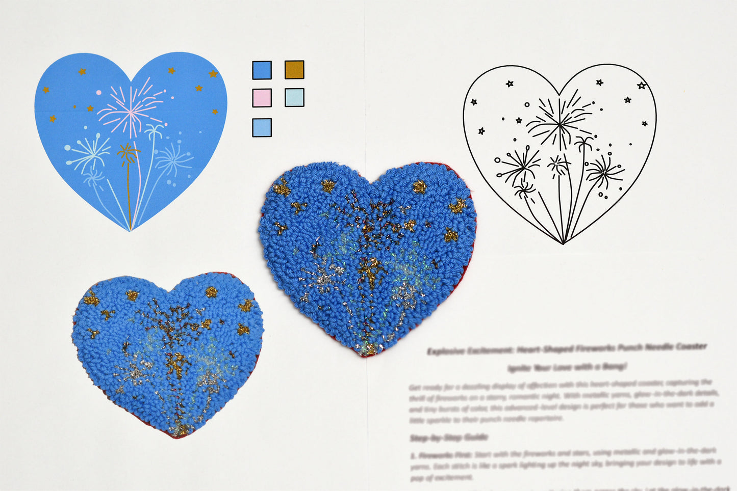 Blue heart-shaped coasters with decorative fire works design on a white background