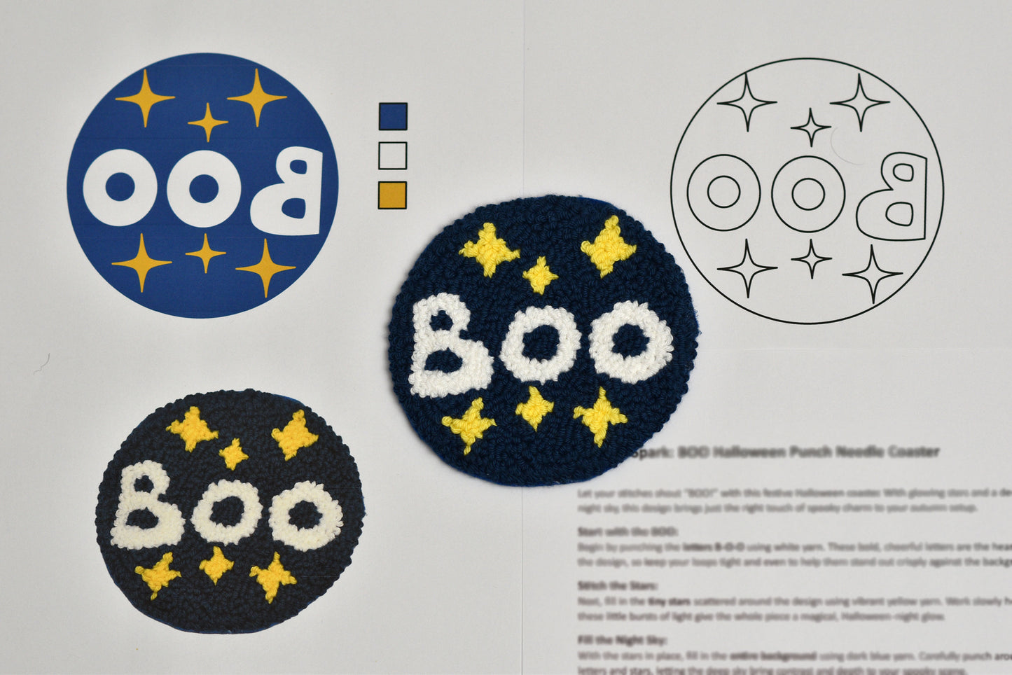 Three round 'BOO' coaster designs with yellow stars on a white background, including color swatches and a line drawing.