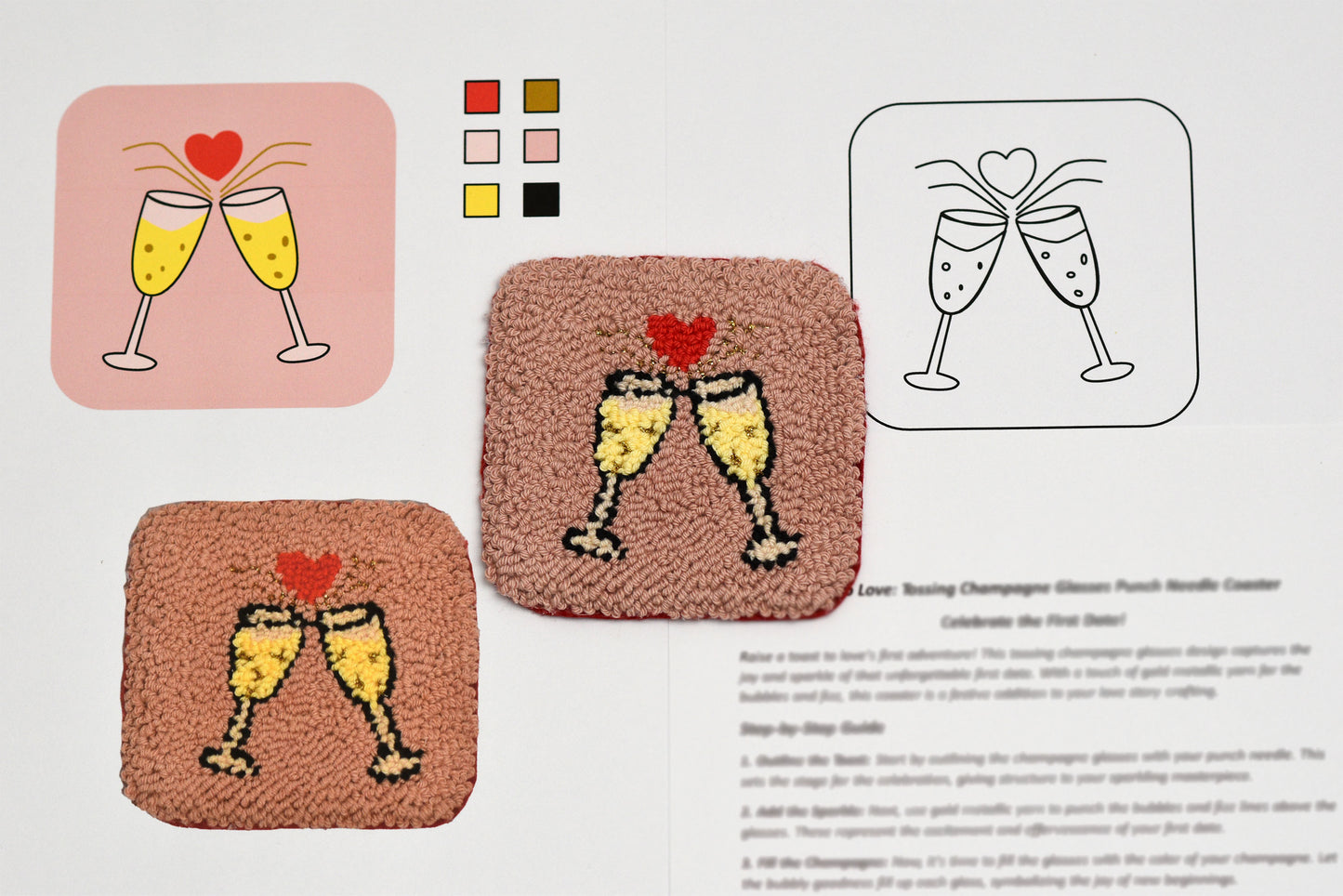 Embroidery pattern with champagne glasses and a heart on fabric samples.