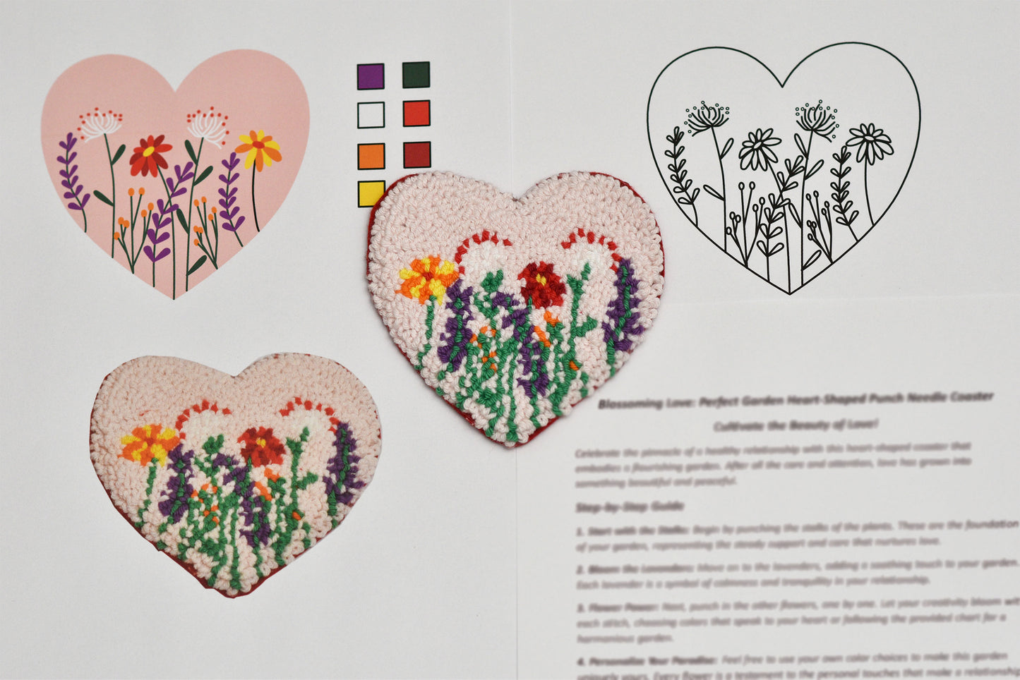 Heart-shaped punch needle designs with flowers and color swatches on a white background