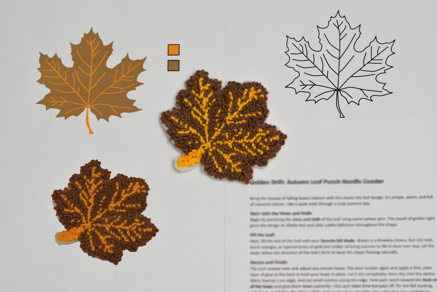 Punch needled leaf patterns on a gray background with color swatches.