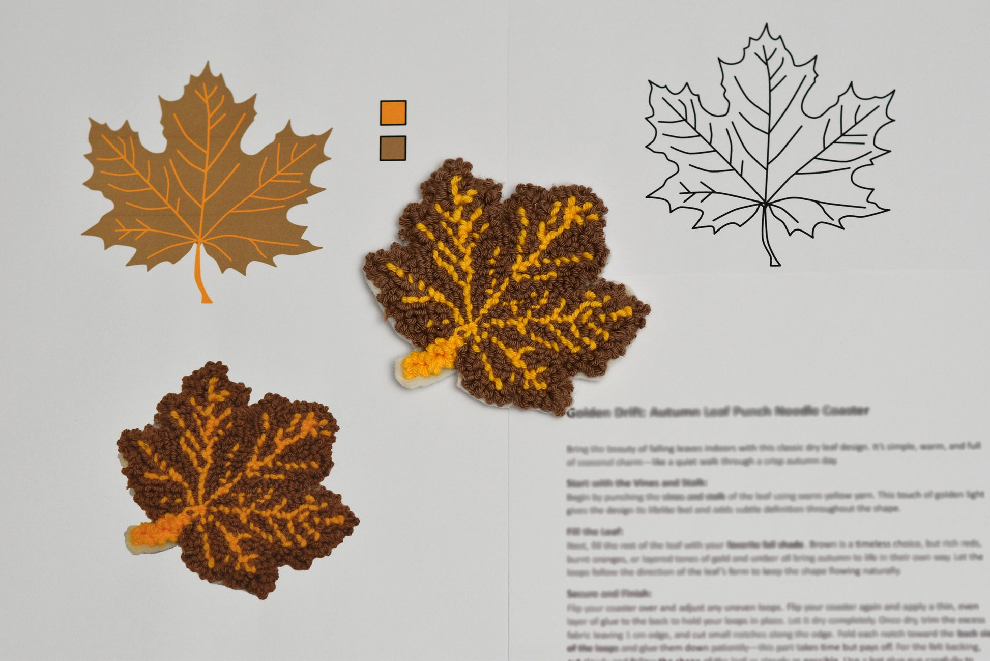 Punch needled leaf patterns on a gray background with color swatches.