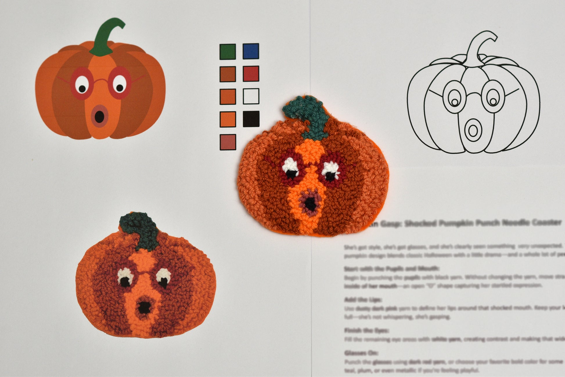 Pumpkin-shaped punch needle kits with color swatches and diagram on a white background