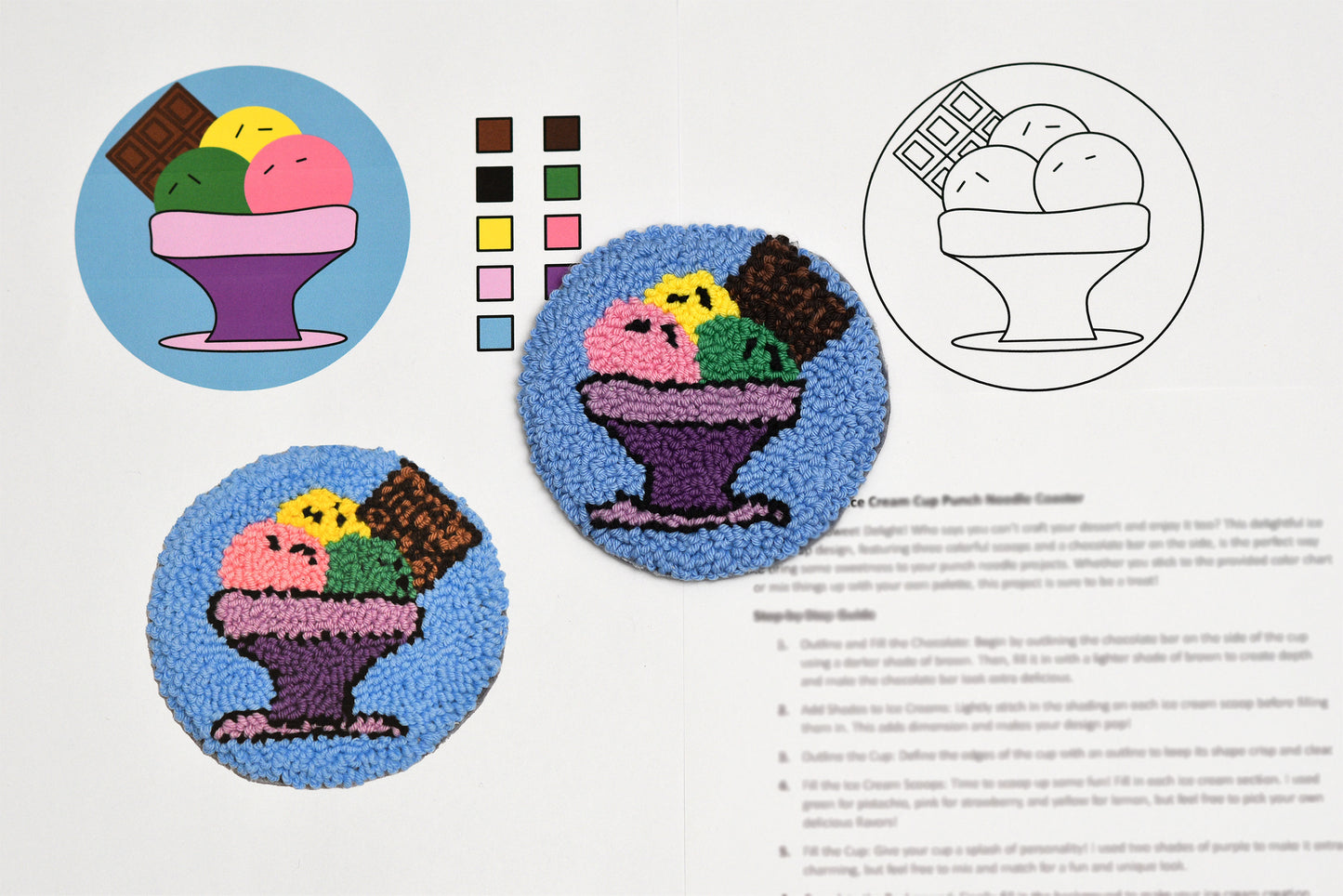 Ice cream cup punch needle pattern with color swatches and diagram on a white background
