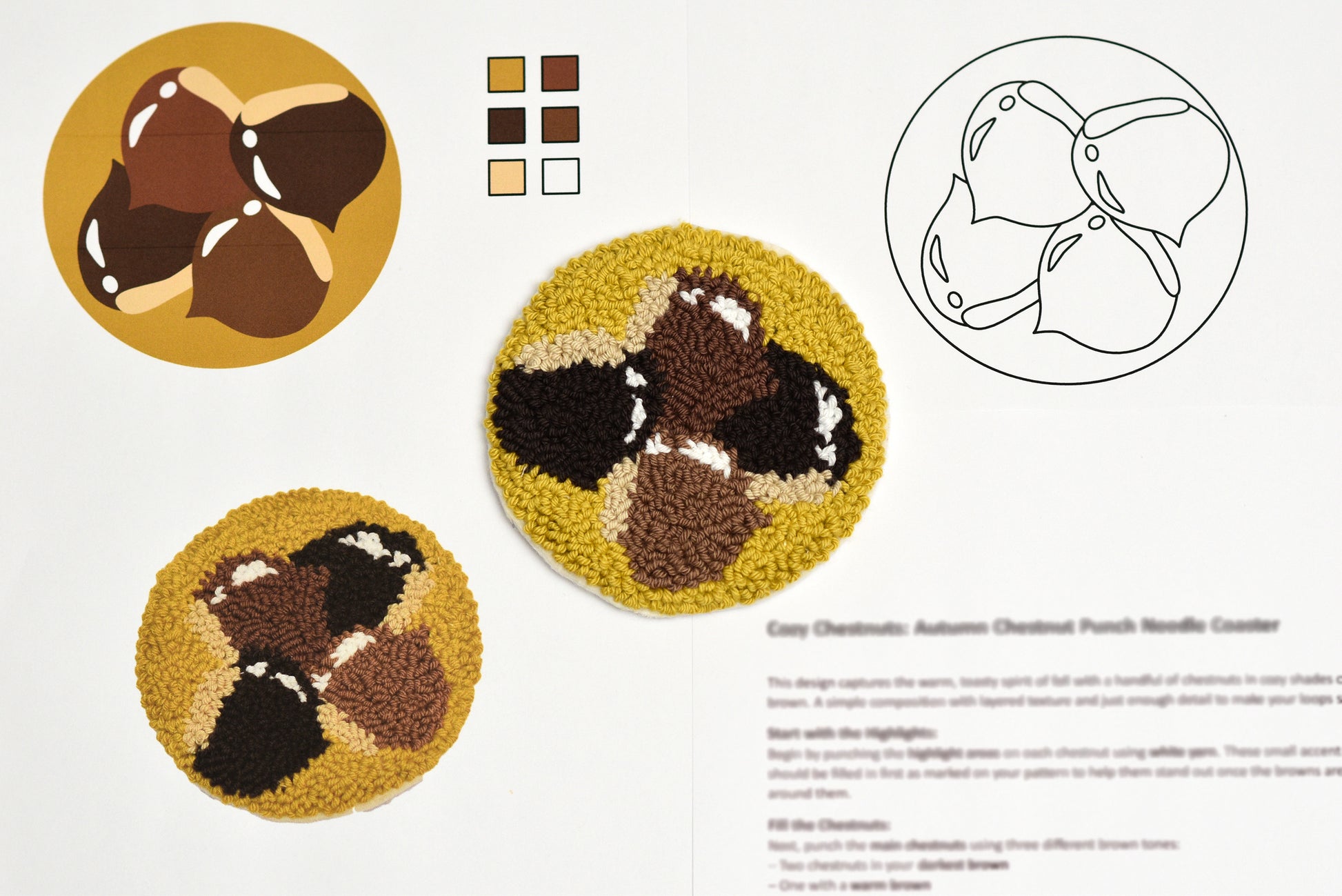 Punch needled coaster pattern with color swatches and diagram on a white background