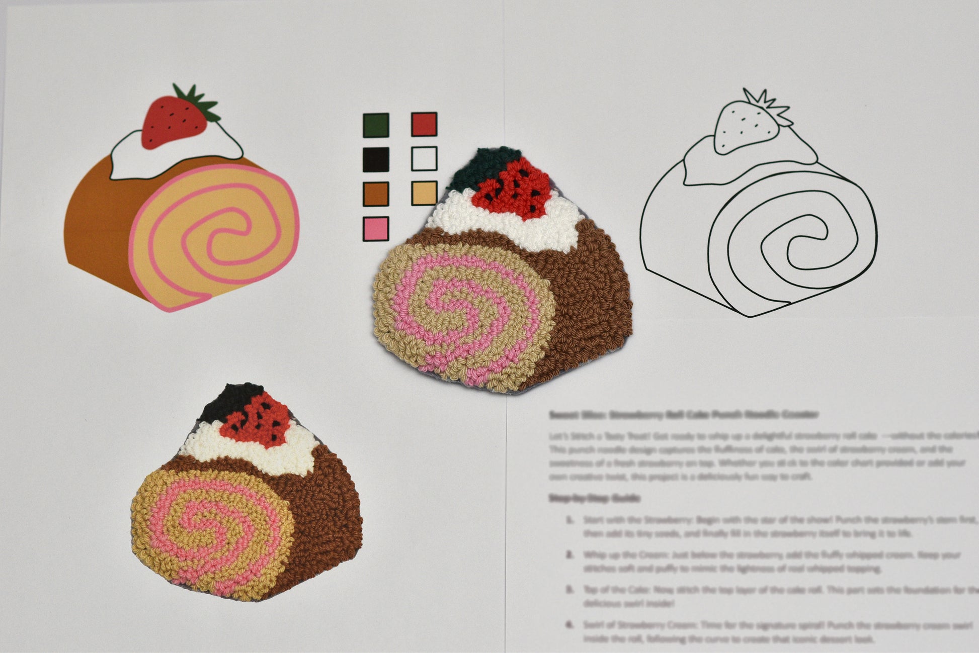 punch needled cake pattern with color swatches and diagram on a white background
