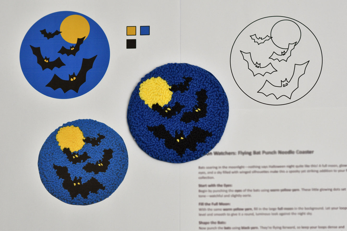 Halloween-themed punch needle coaster pattern with bats and moon on blue fabric.
