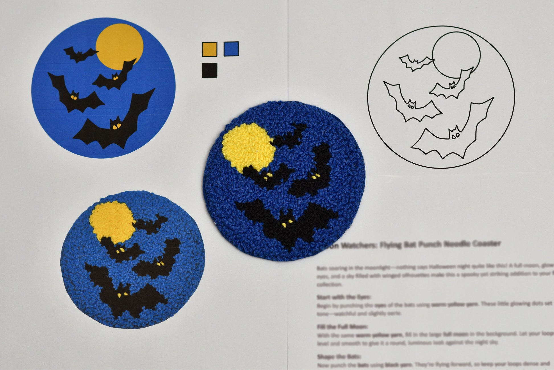 Halloween-themed punch needle coaster pattern with bats and moon on blue fabric.