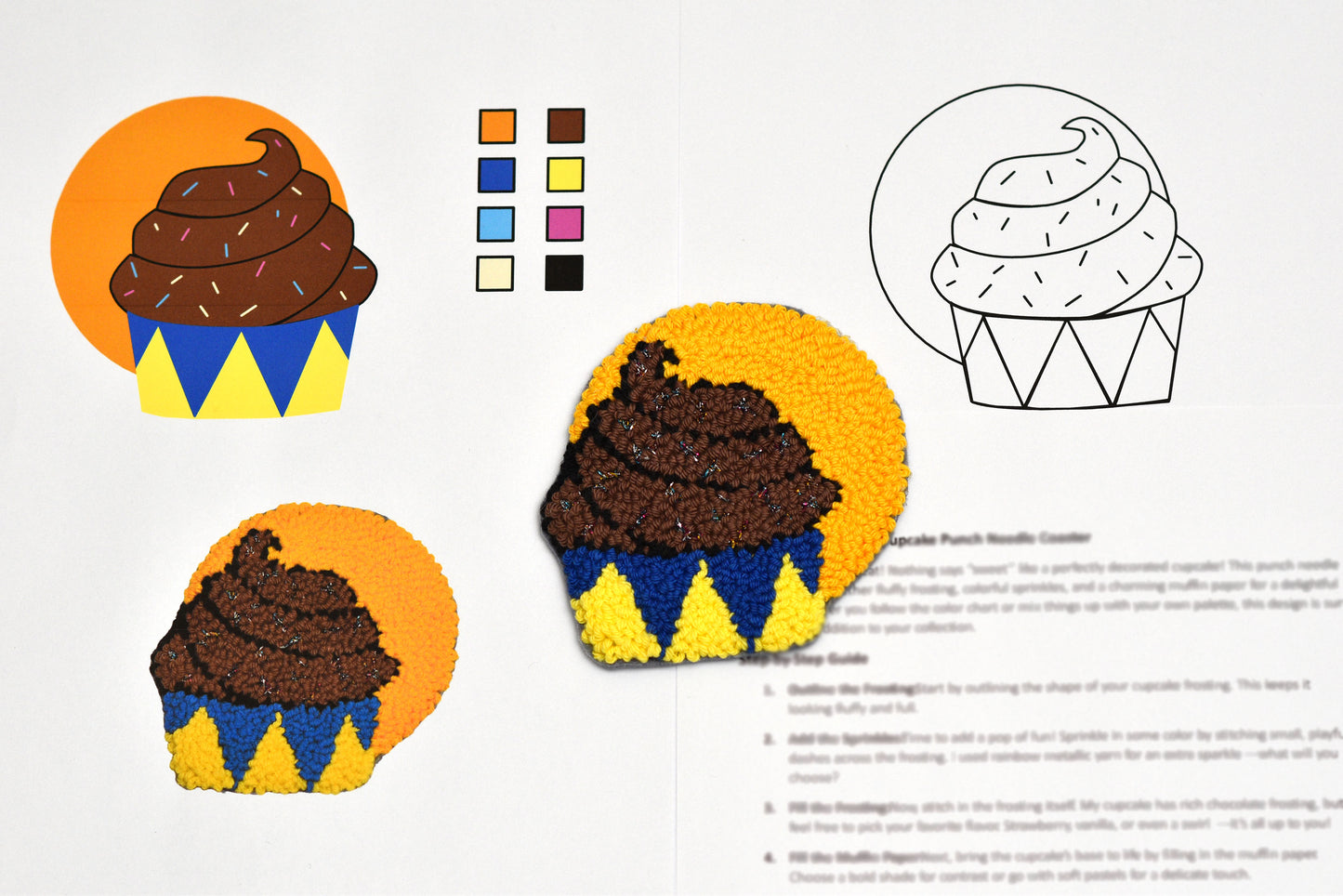 Coloring page with a cupcake design and color swatches.