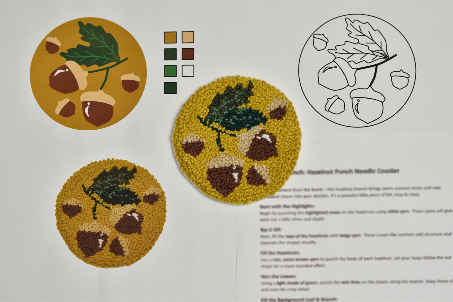 Punch Needle Coaster design with acorns and leaves on a white background