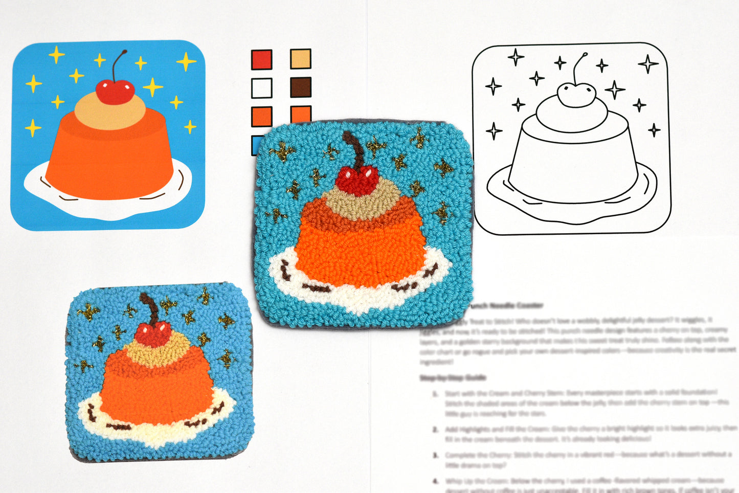 Punch needled dessert pattern with color swatches and a line drawing on a white background