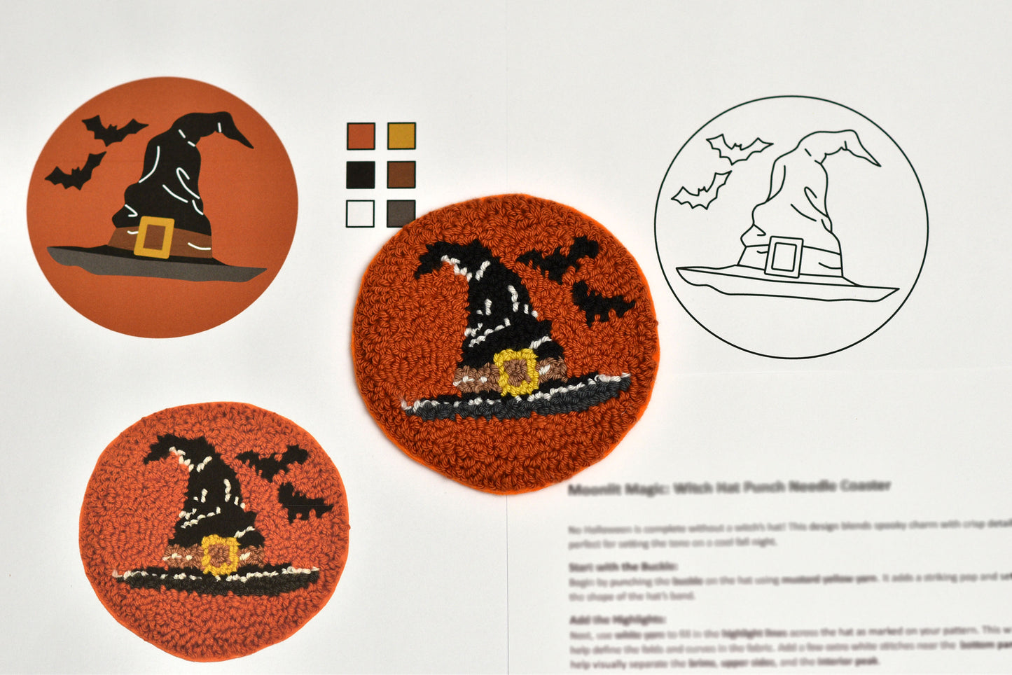 Witch hat punch needle coaster pattern with color swatches and line drawing on a white background