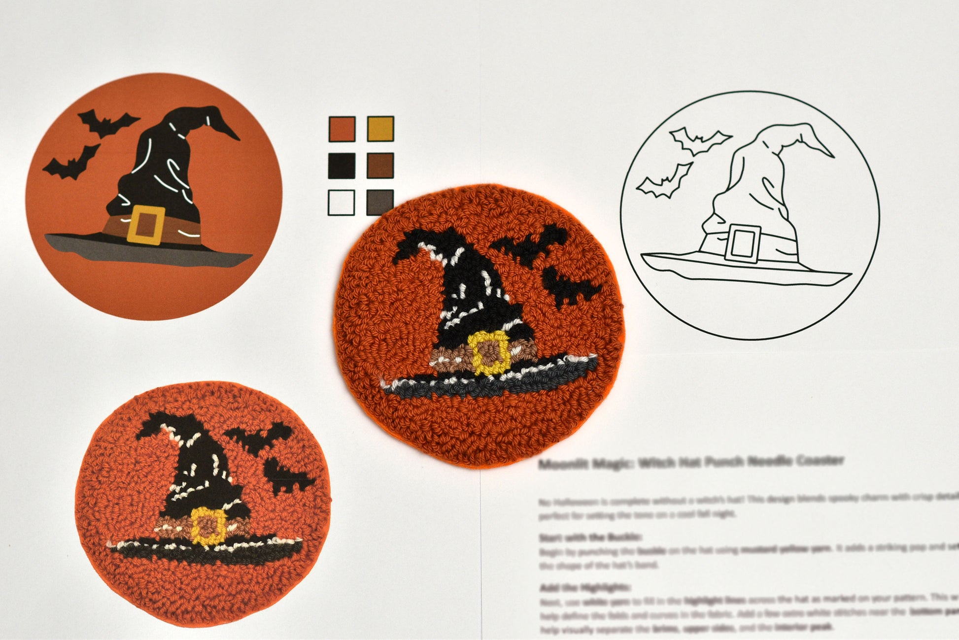 Witch hat punch needle coaster pattern with color swatches and line drawing on a white background