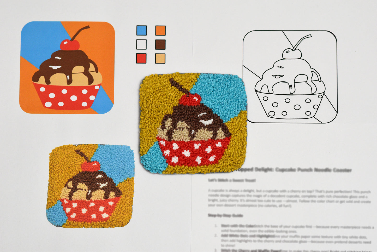 Colorful woven coaster set with cup cake ice cream design on a white background