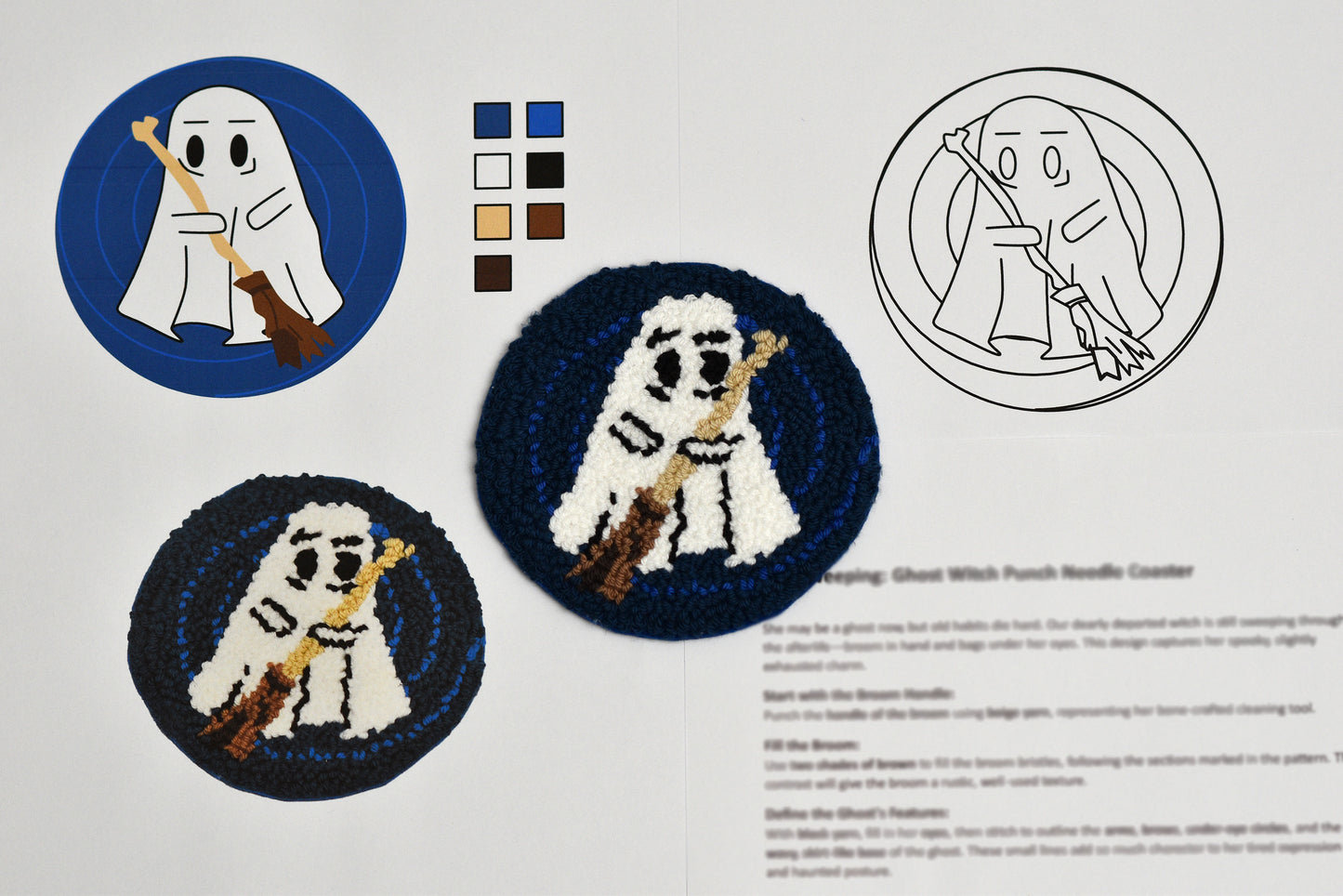 Embroidered ghost designs coasters on fabric with a pattern guide and color swatches.