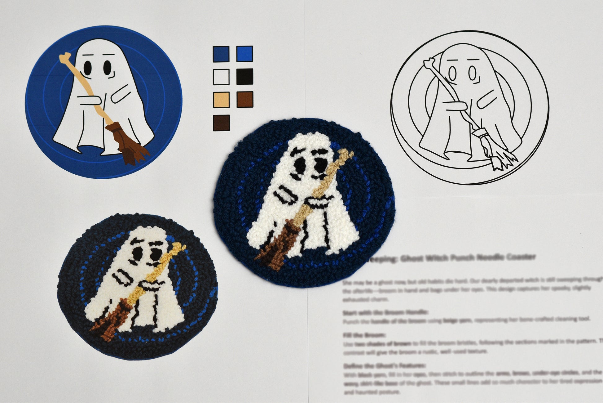 Embroidered ghost designs coasters on fabric with a pattern guide and color swatches.