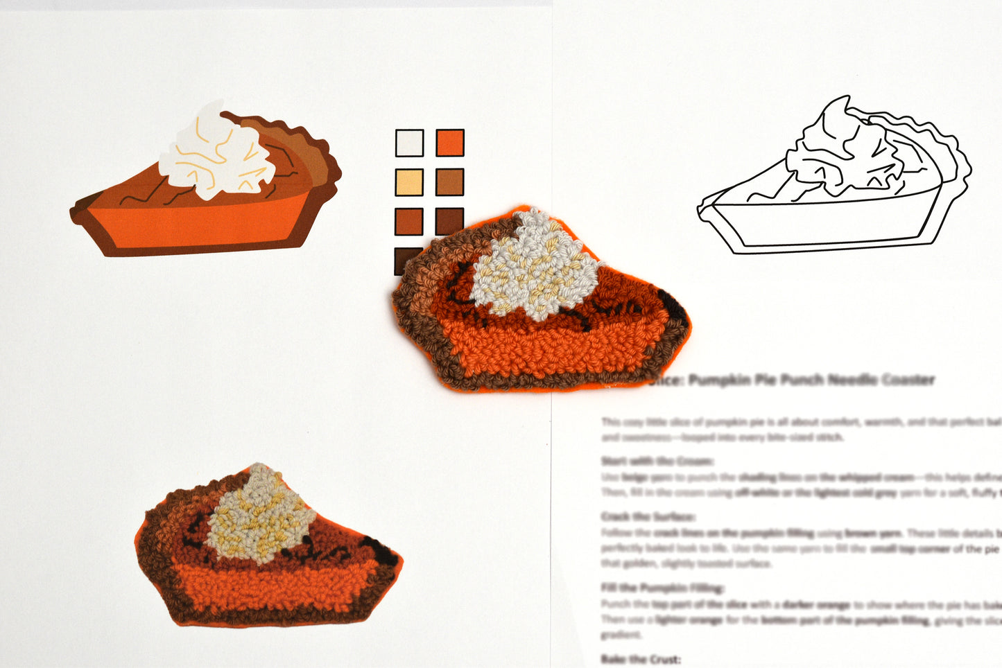 Punch needled pumpkin pie designed coaster, color swatches, and a line drawing of a pie on a white background.