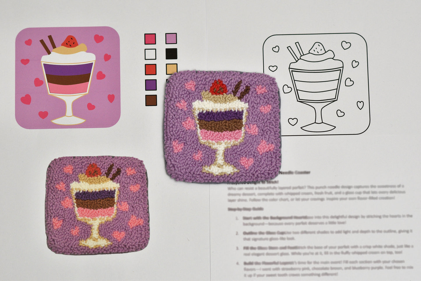 Embroidery pattern with a dessert design and color swatches on a white background