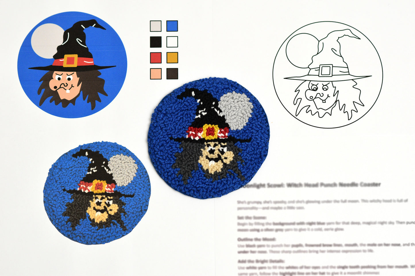 Witch-themed punch needle pattern with color swatches and outline illustration on a white background.