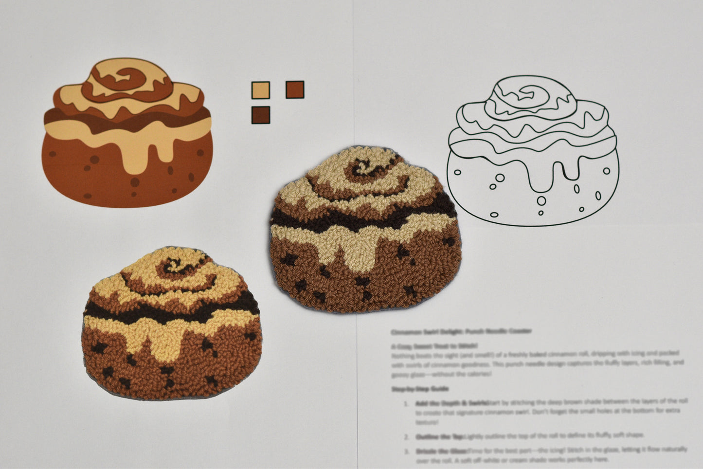 Embroidered cinnamon roll pattern with color swatches and a line drawing on a white background.