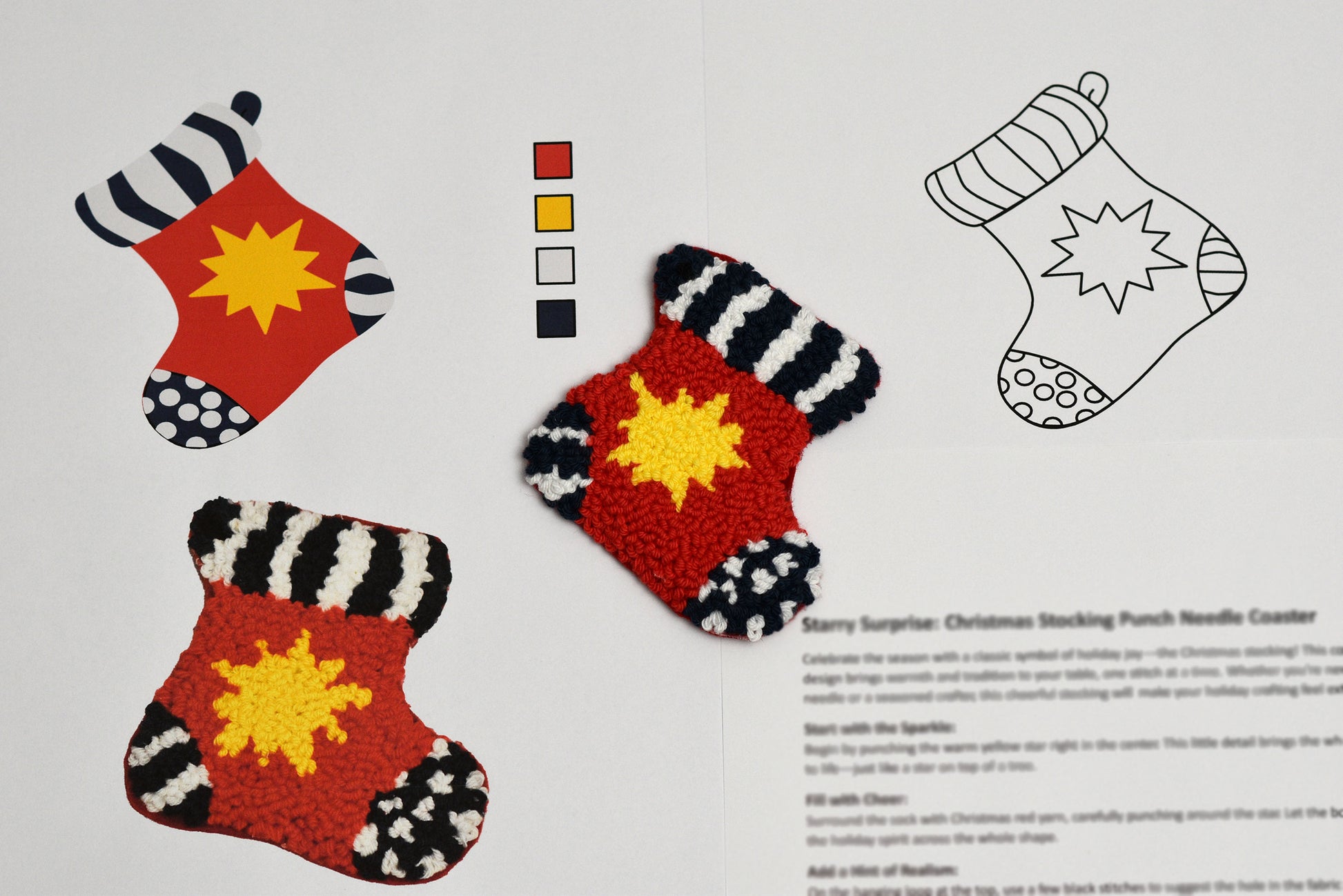 Punch needle Christmas stockings with zebra pattern and star design on a patterned background.