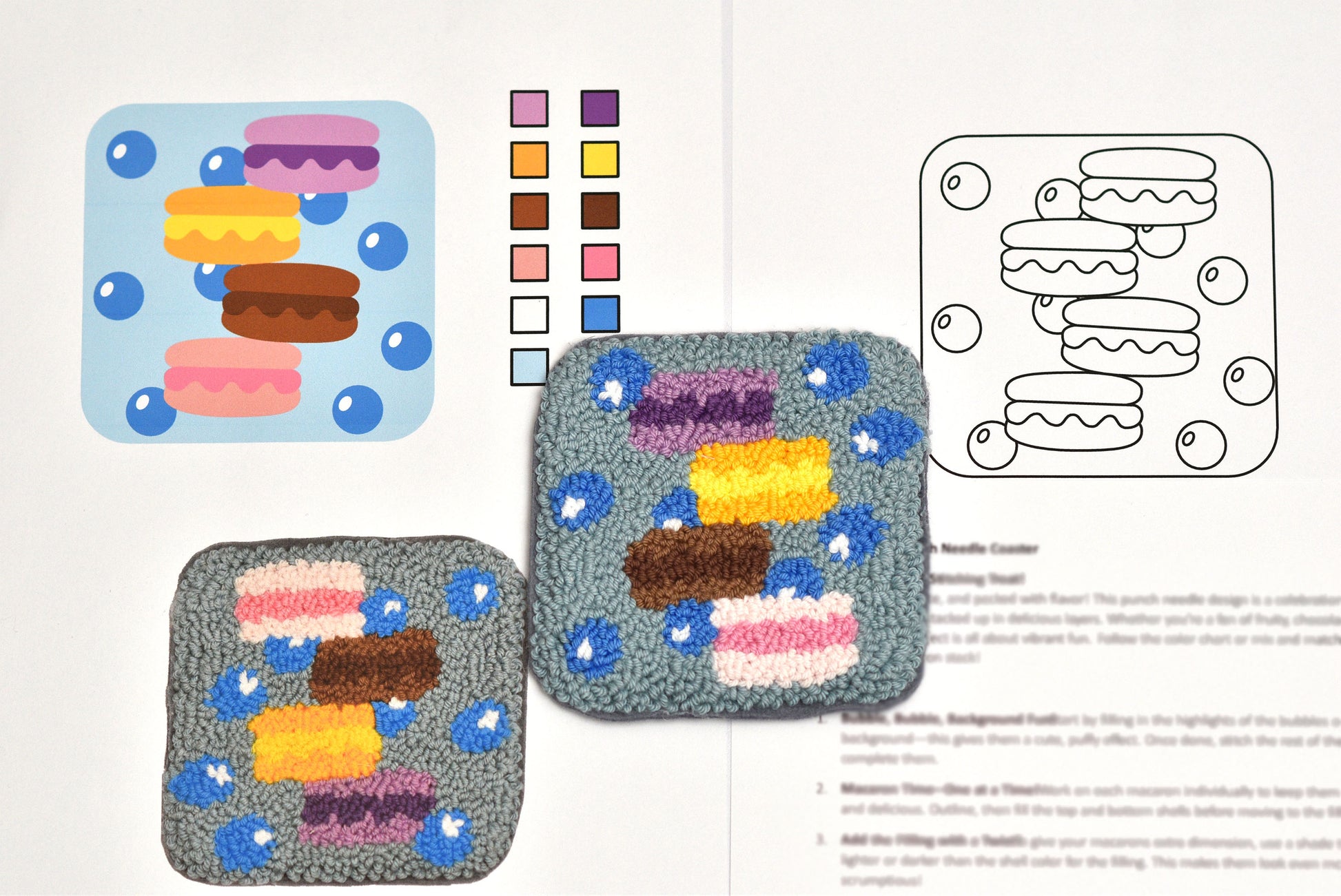 Twopunch needled square coasters with colorful macaron design, color swatches, and a coloring page.