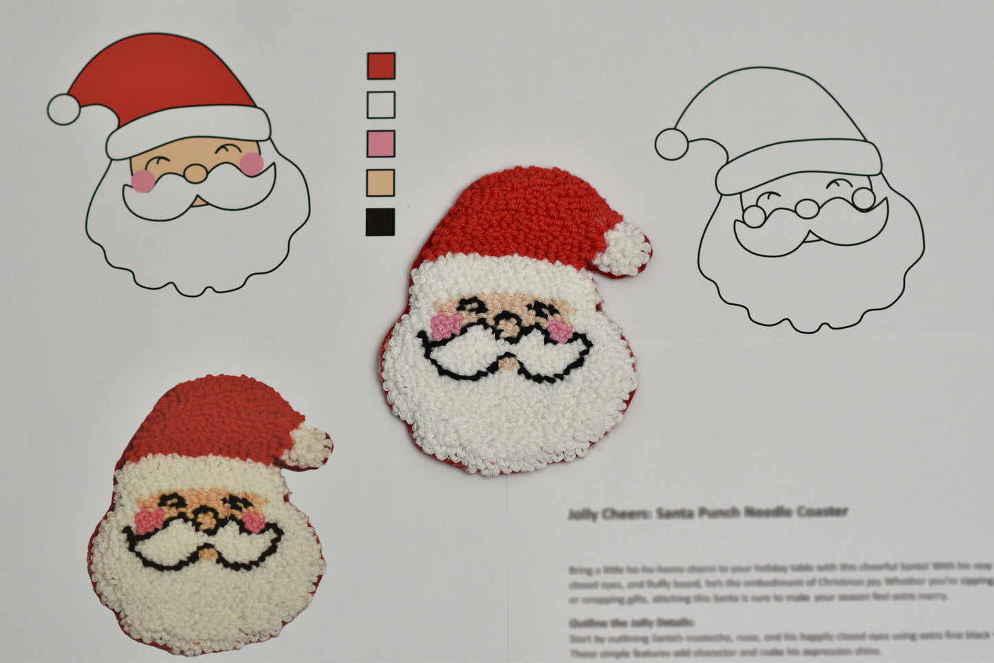 Instructions for creating a Santa Claus needle coaster with color swatches and outlines.