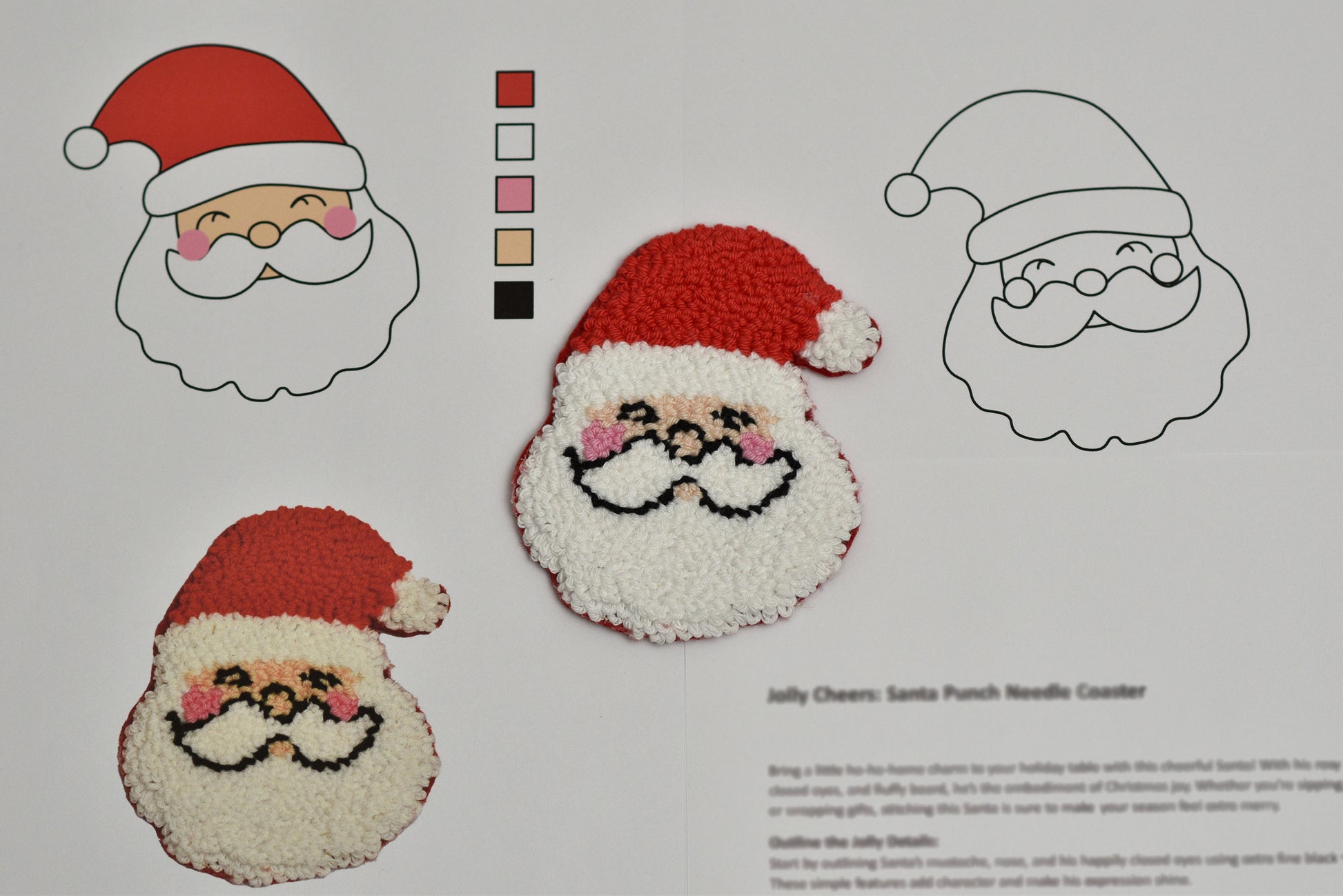 Instructions for creating a Santa Claus needle coaster with color swatches and outlines.