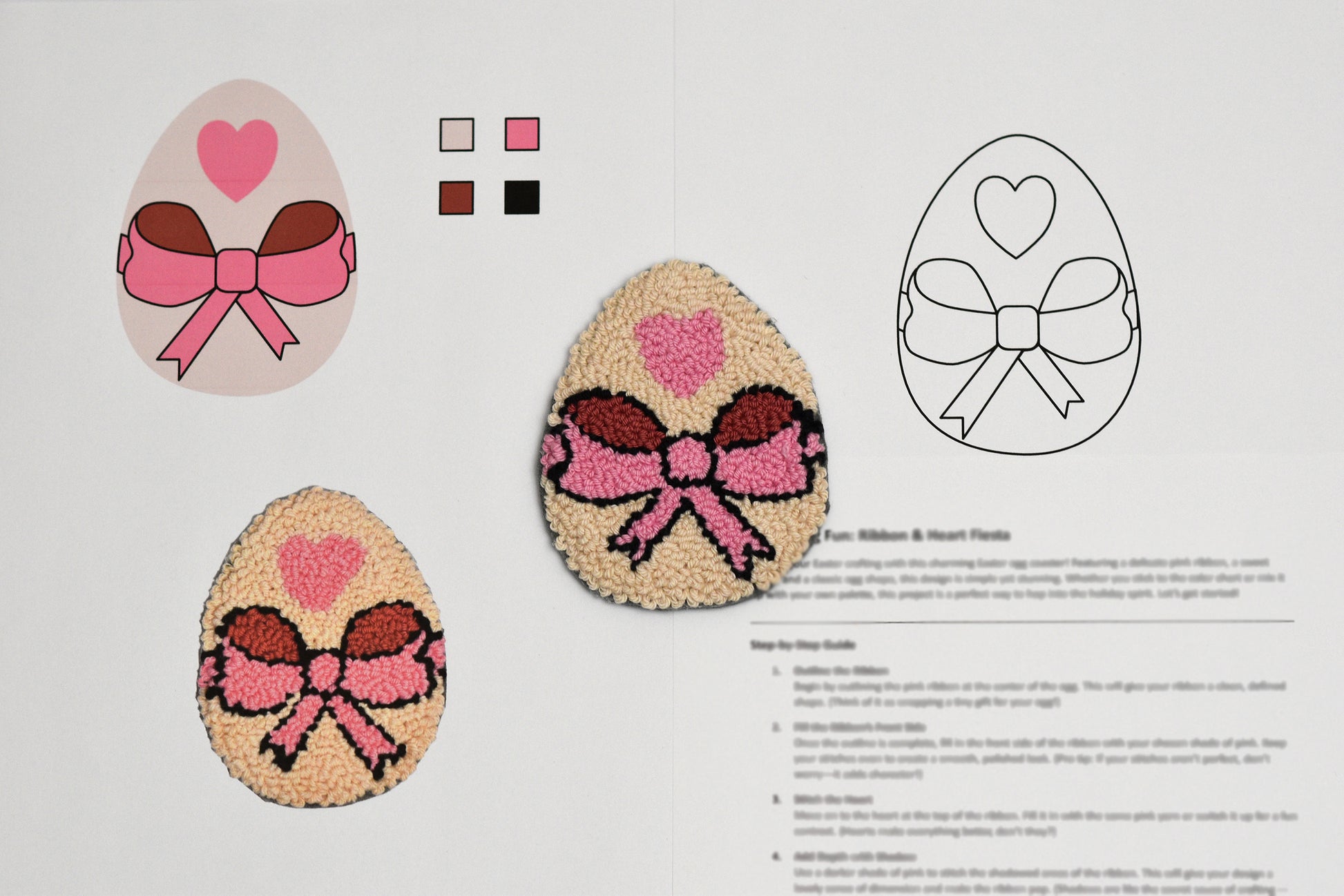 Decorative Easter eggs with pink bows and hearts on a design sheet with color swatches and a template.