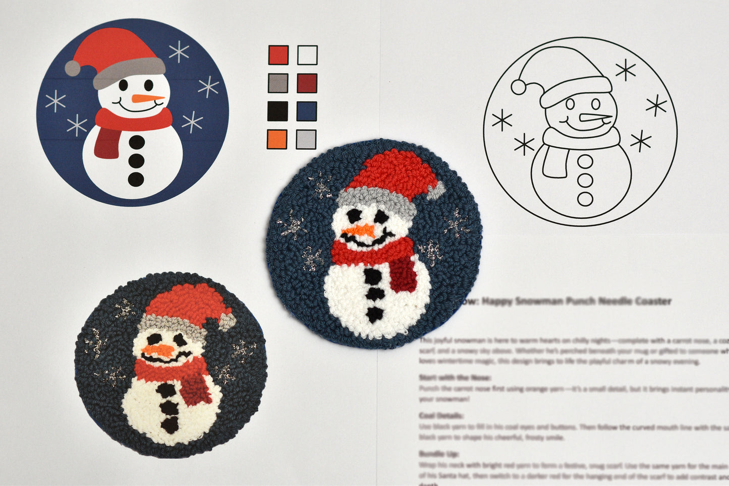Snowman-themed punch needle coaster with color swatches and instructions on a light gray background