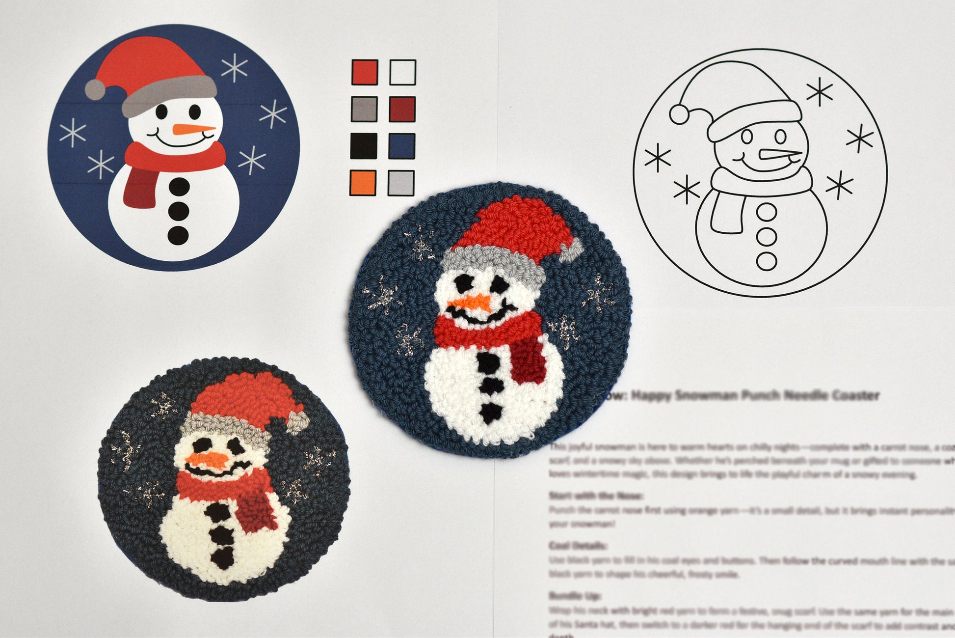 Snowman-themed punch needle coaster with color swatches and instructions on a light gray background