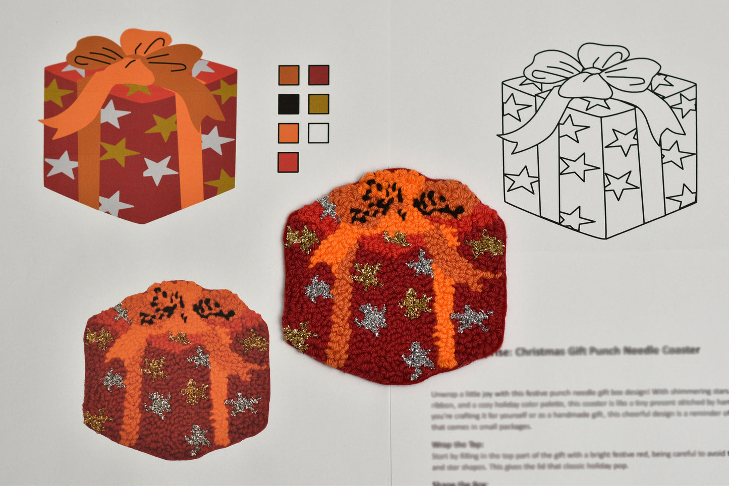 Punch needled gift box coaster pattern with color swatches and instructions on a gray background