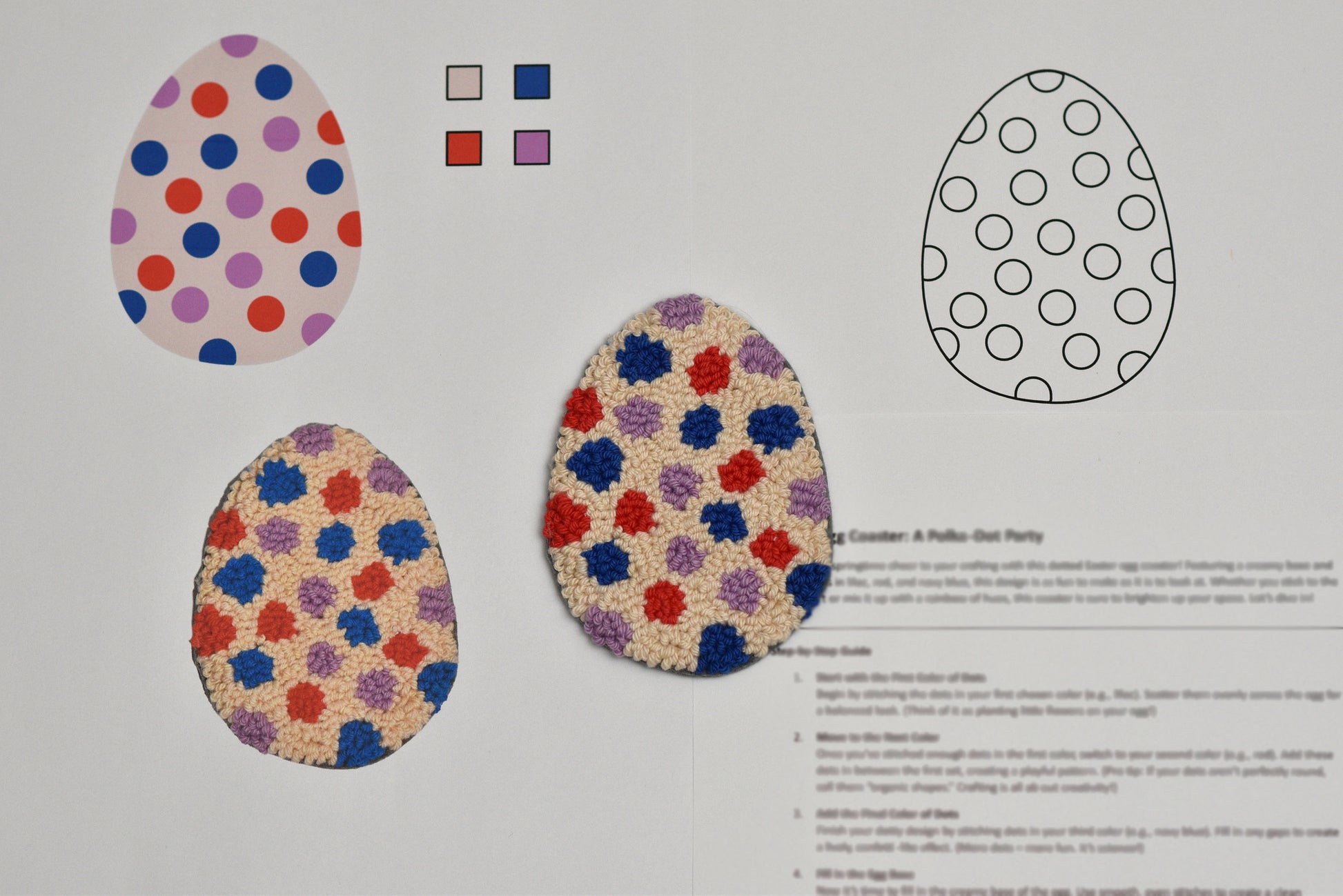 Colorful patterned eggs on a worksheet with color swatches and text.