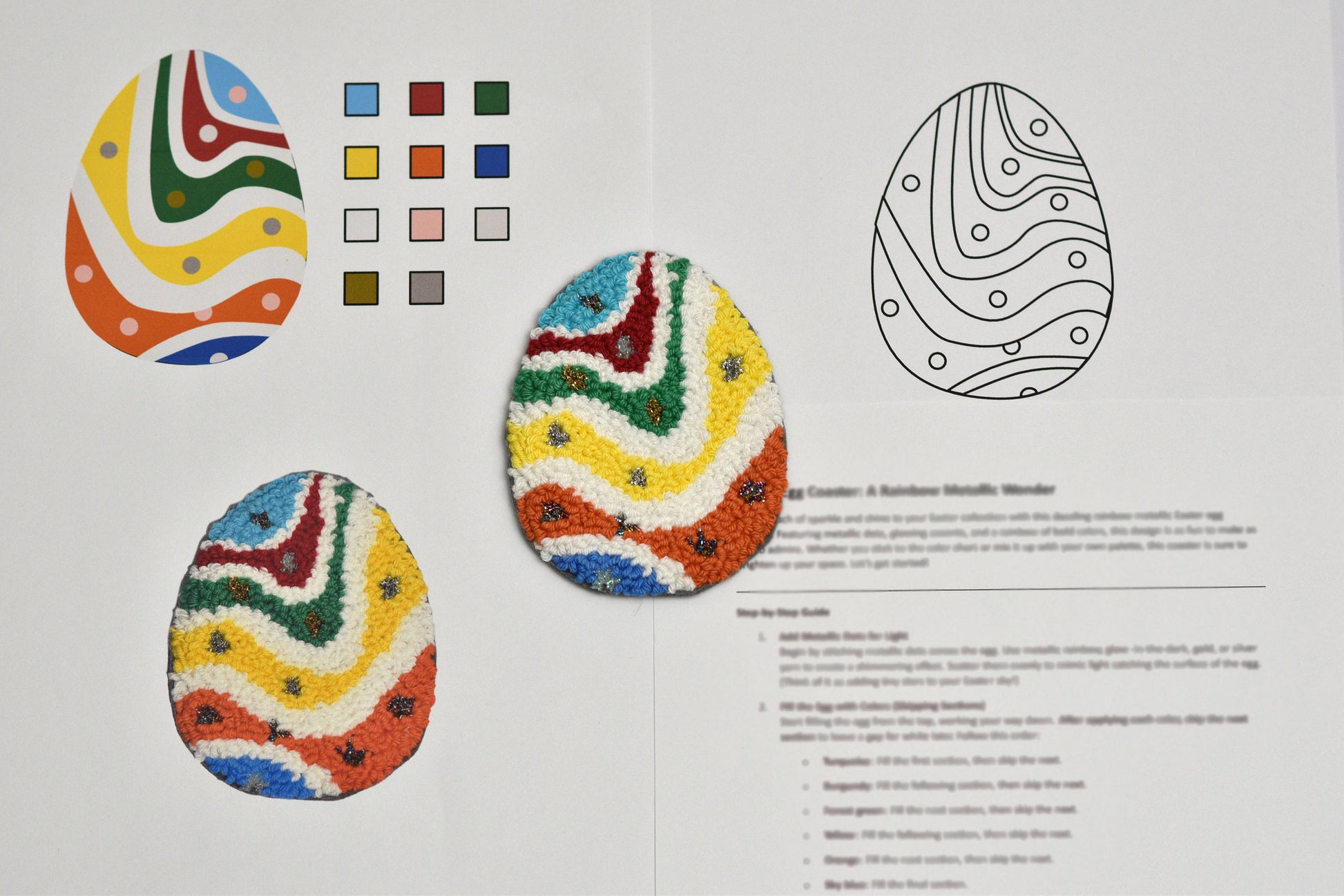 Colorful Easter egg designs on a printed sheet with color swatches and text.