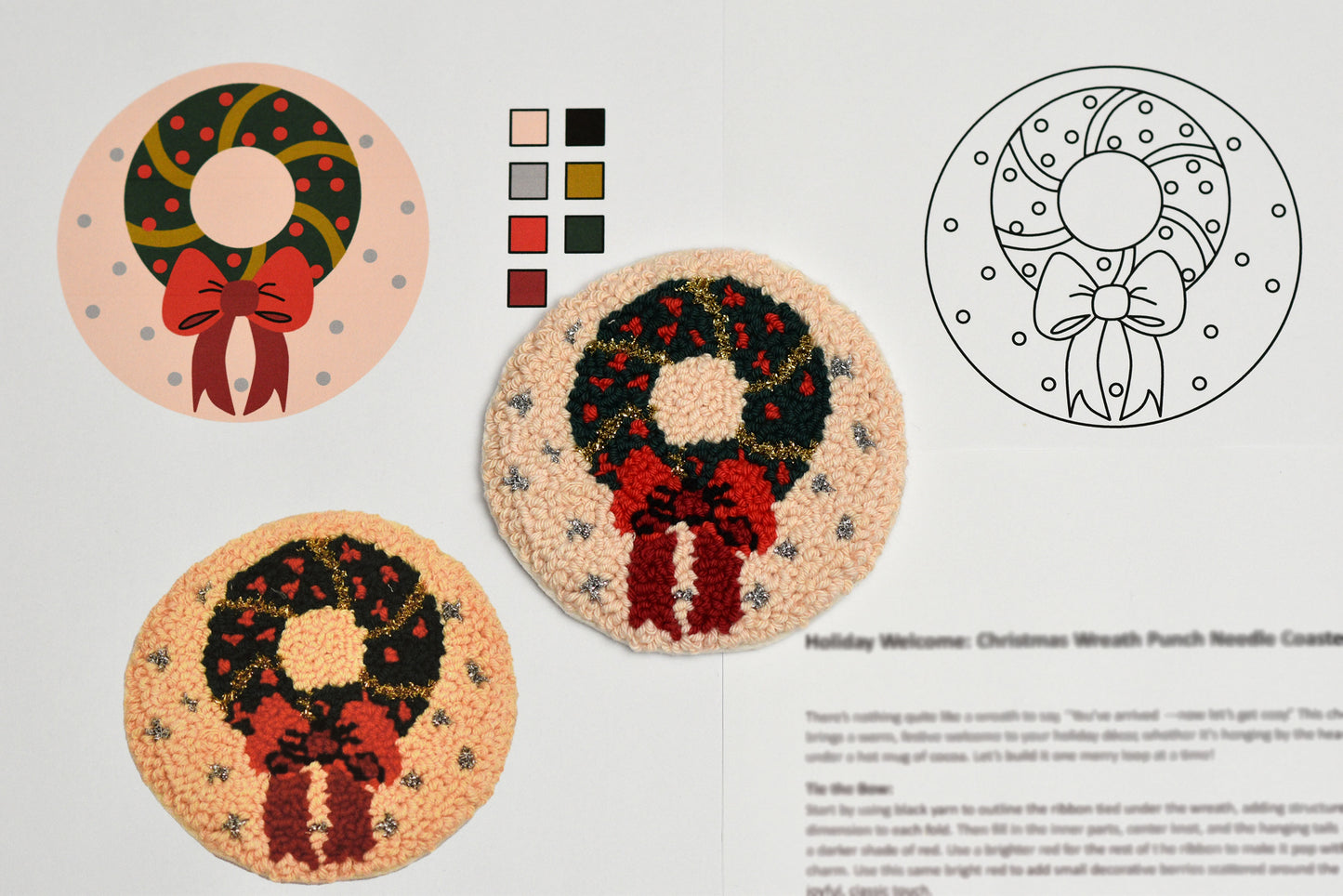 Decorative punch needle coasters with Christmas wreath design on a white background