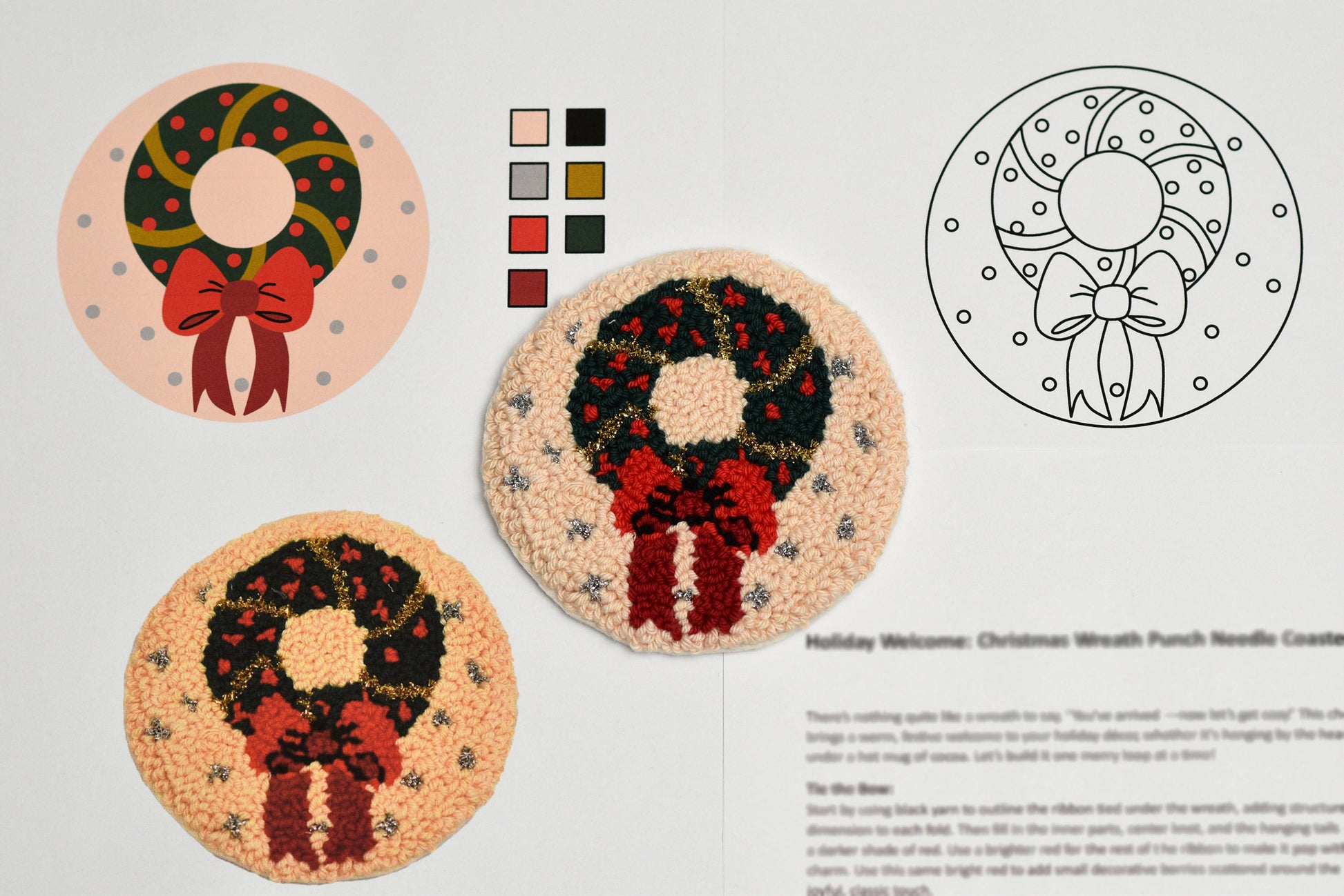 Decorative punch needle coasters with Christmas wreath design on a white background