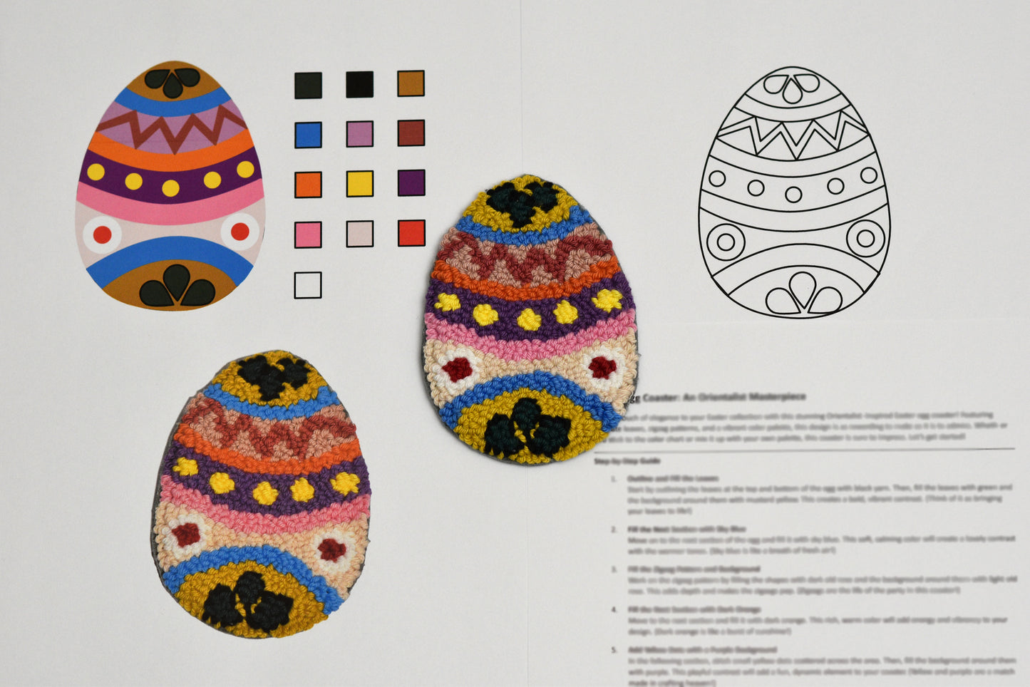 Colorful Easter egg designs with patterns and color swatches on a white background