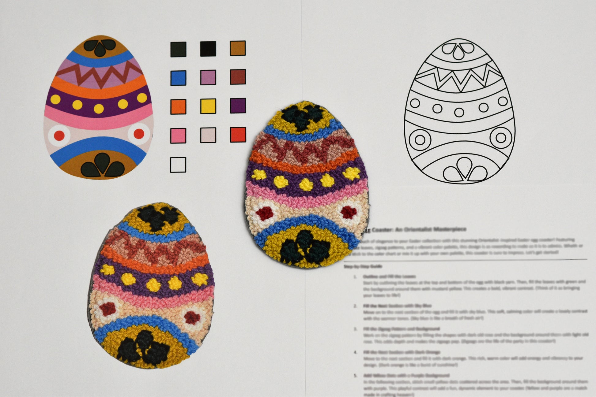 Colorful Easter egg designs with patterns and color swatches on a white background