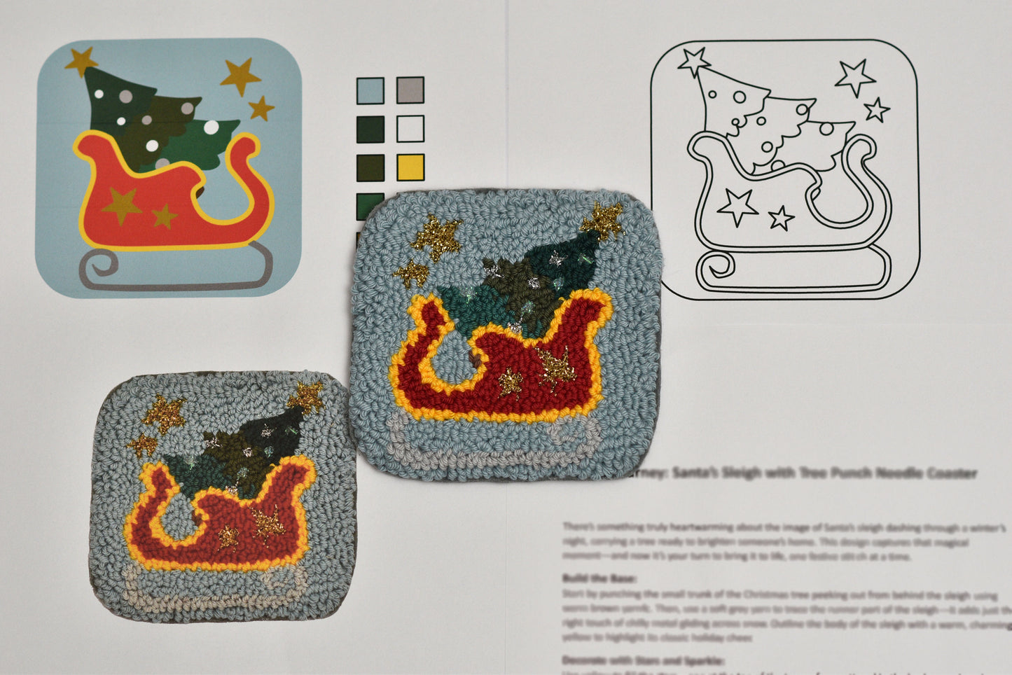 Punch needled coasters with Christmas-themed designs on a patterned background