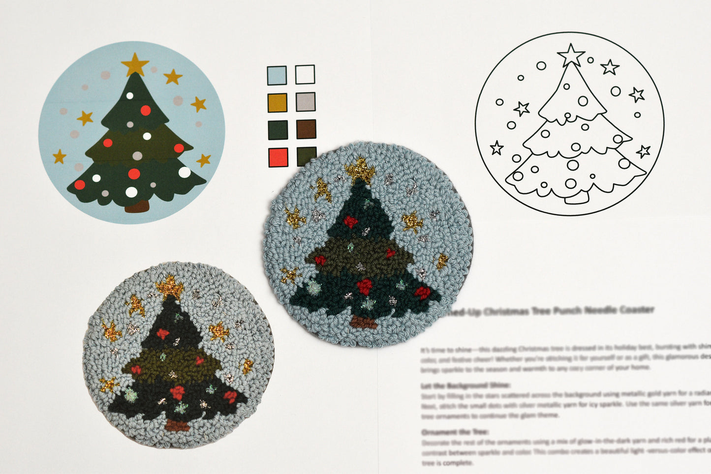 Two round punch needle Christmas tree designs with color swatches and a tree outline on a light gray background.