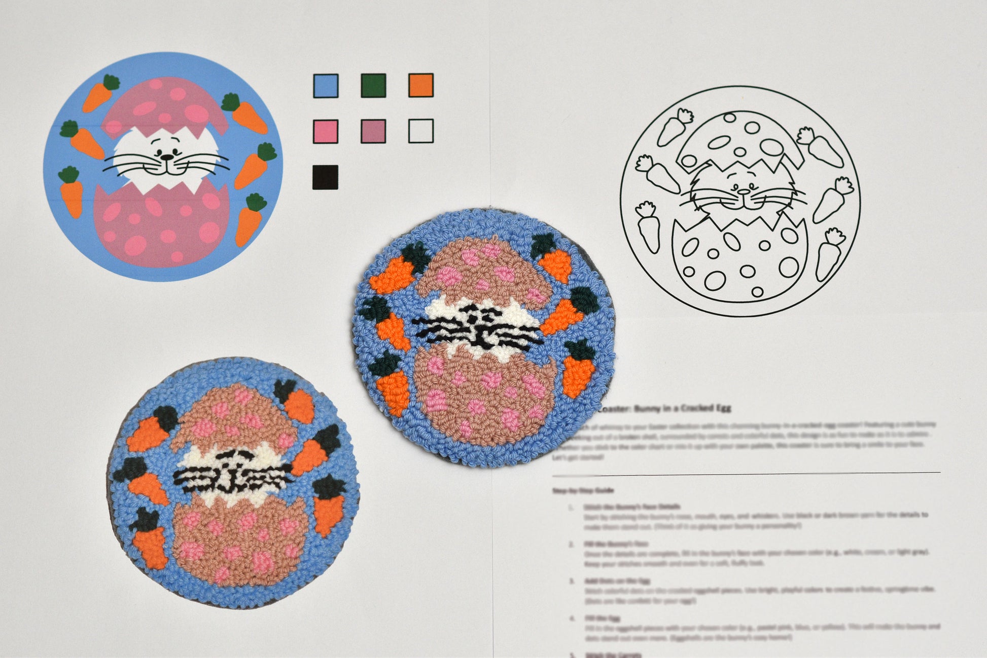 Embroidery coaster pattern for a Bunny design on an egg with color swatches and a diagram.