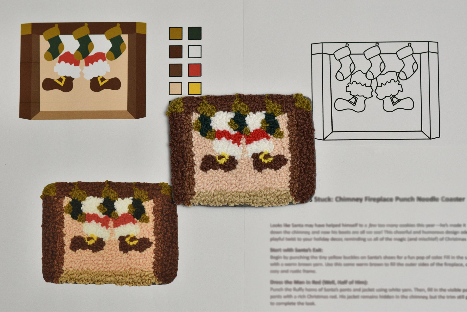 Punch needled Christmas-themed coasters with Santa stuck in a chimney with patterns on a gray background