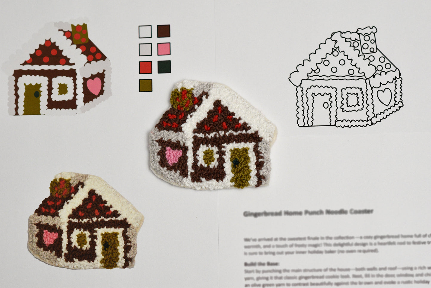 Gingerbread house punch needle coaster pattern with color swatches on a white background